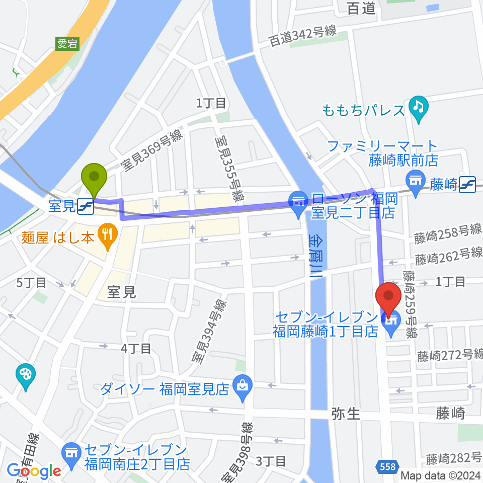 室見駅から日本楽芸社 ピアノパークへのルートマップ地図