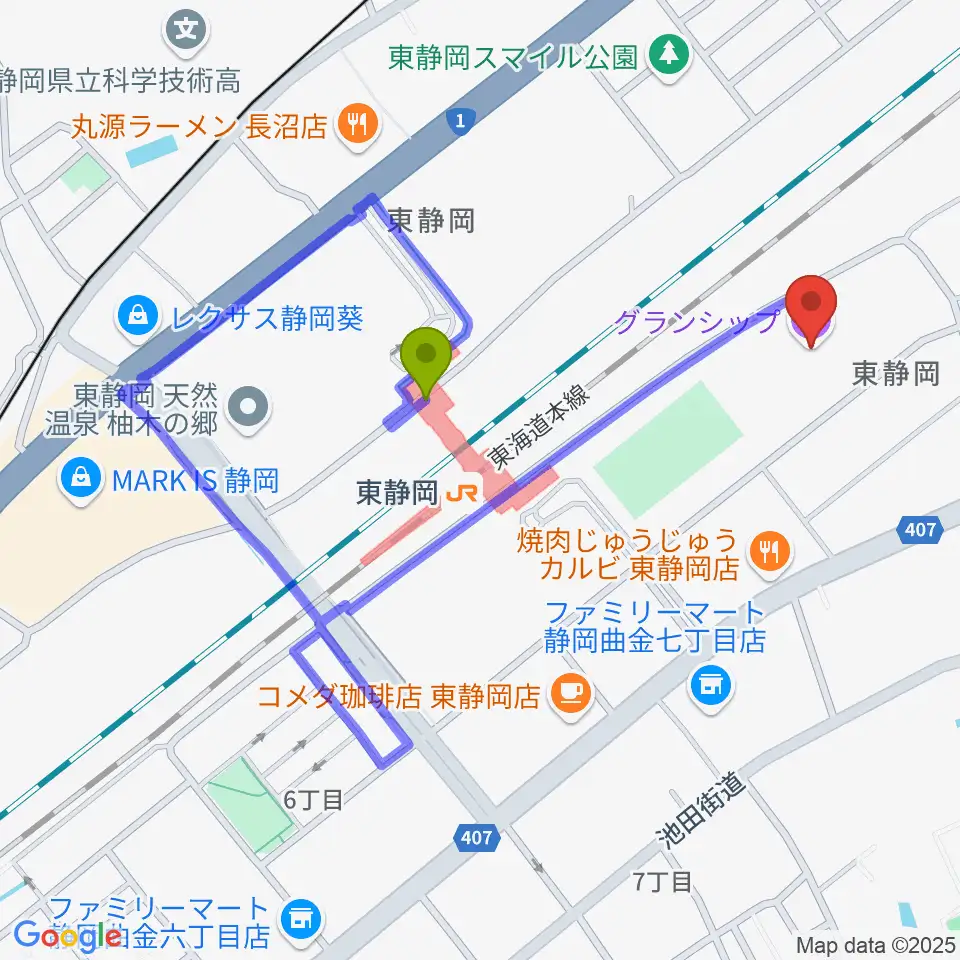 グランシップの最寄駅東静岡駅からの徒歩ルート(約6分) MDATA グランシップの最寄駅東静岡駅からの徒歩ルート(約6分) MDATA