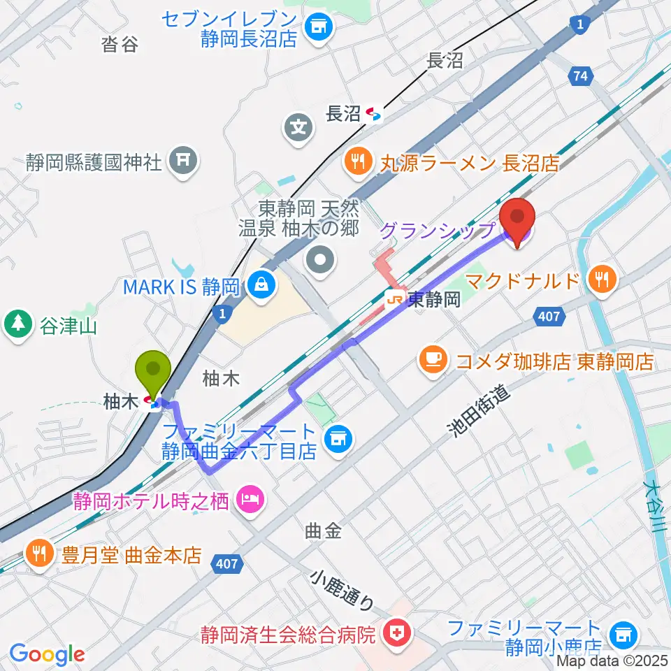 柚木駅からグランシップへのルートマップ地図