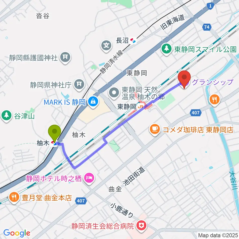 柚木駅からグランシップへのルートマップ地図