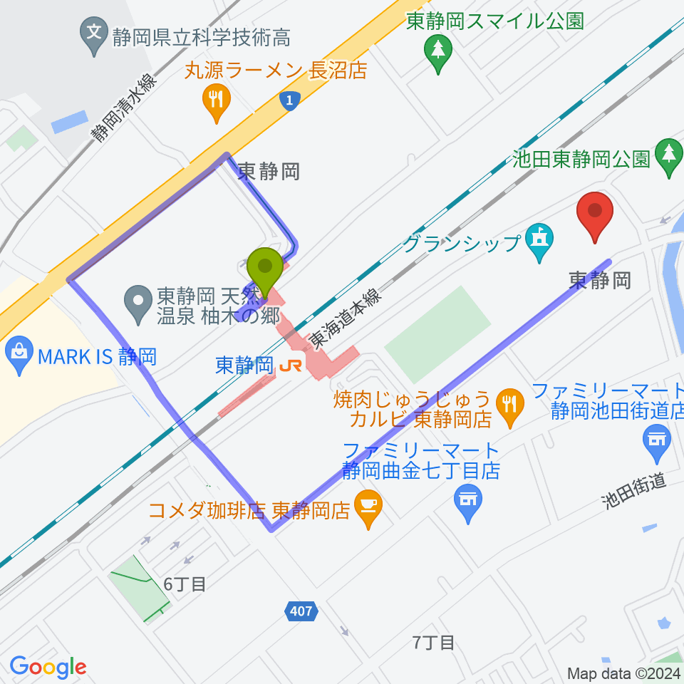 静岡芸術劇場の最寄駅東静岡駅からの徒歩ルート（約8分）地図