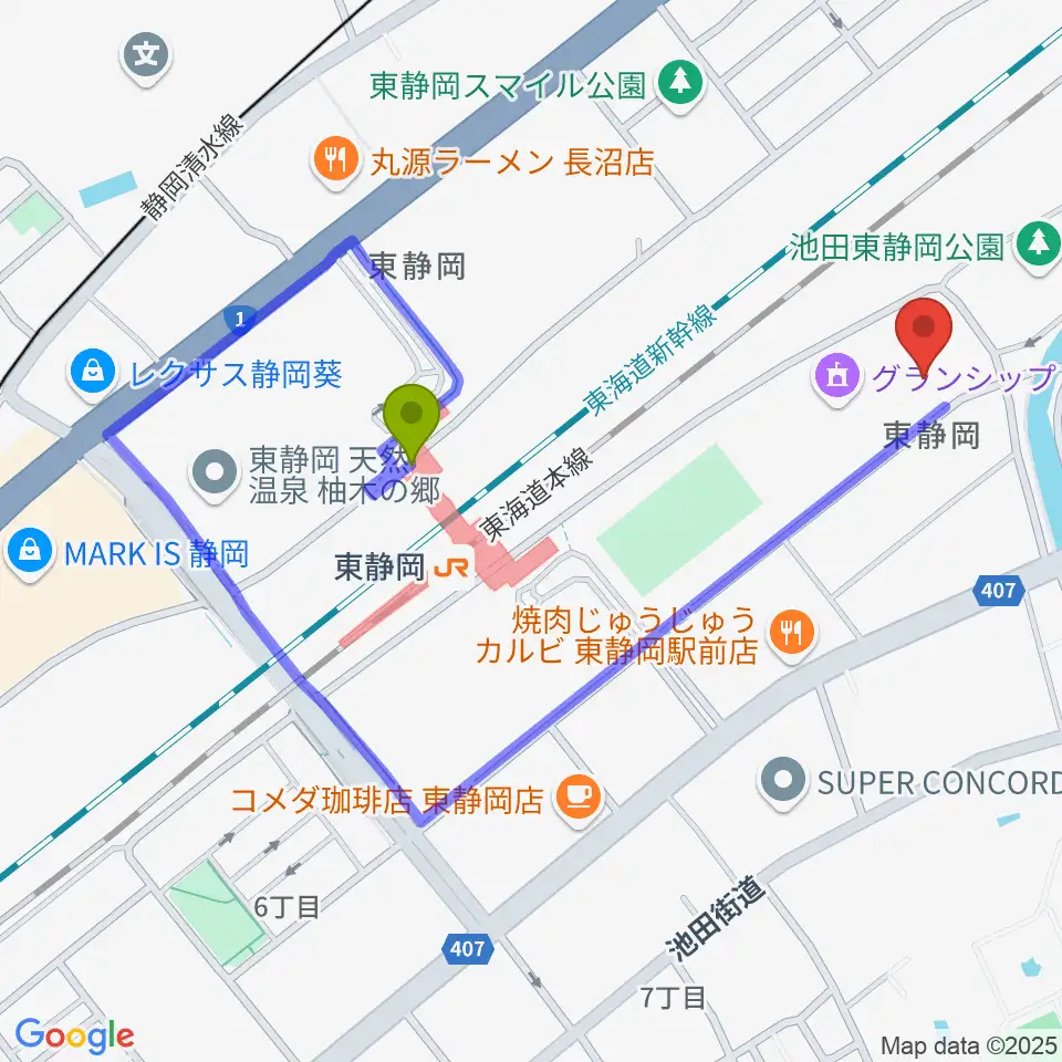静岡芸術劇場の最寄駅東静岡駅からの徒歩ルート（約8分）地図