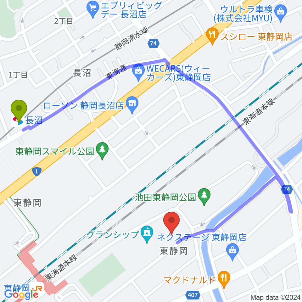 長沼駅から静岡芸術劇場へのルートマップ地図