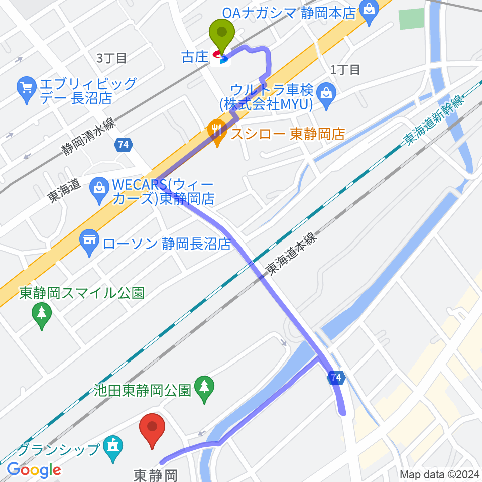 古庄駅から静岡芸術劇場へのルートマップ地図