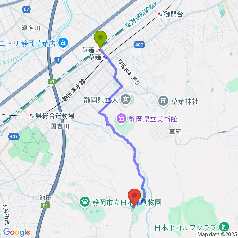 草薙駅から静岡県舞台芸術公園へのルートマップ地図