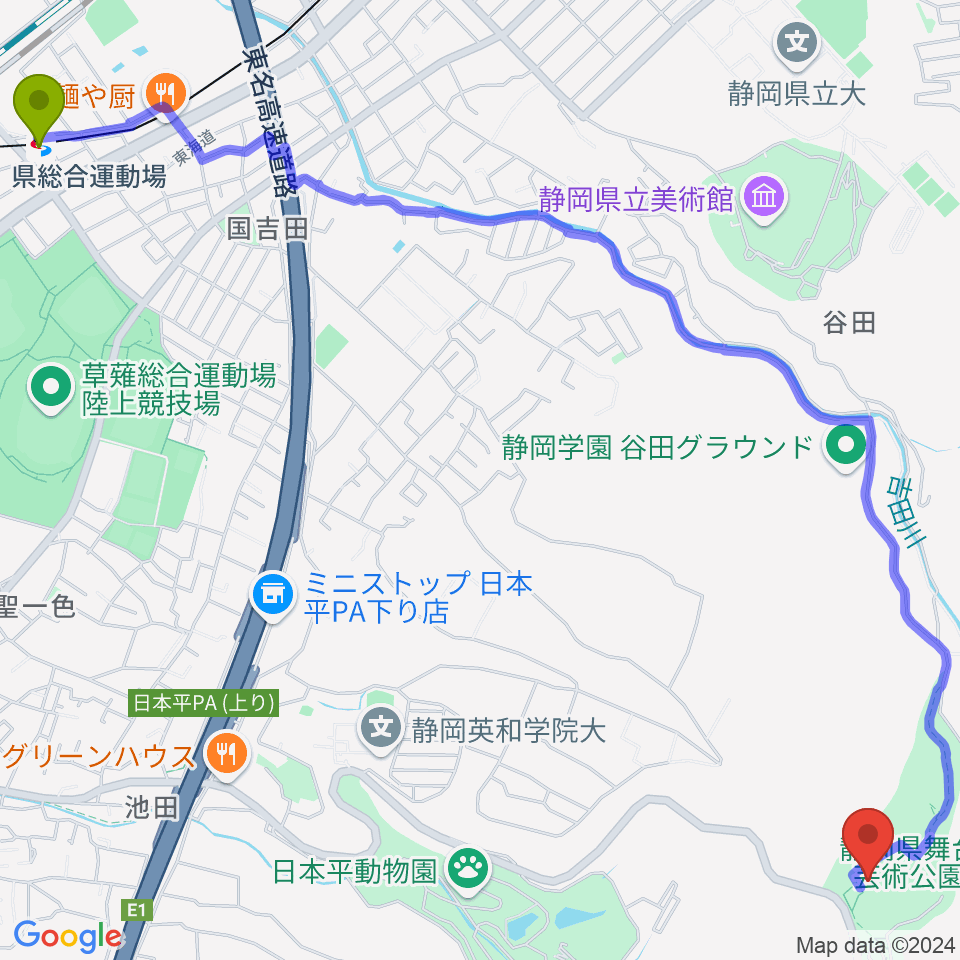 県総合運動場駅から静岡県舞台芸術公園へのルートマップ地図