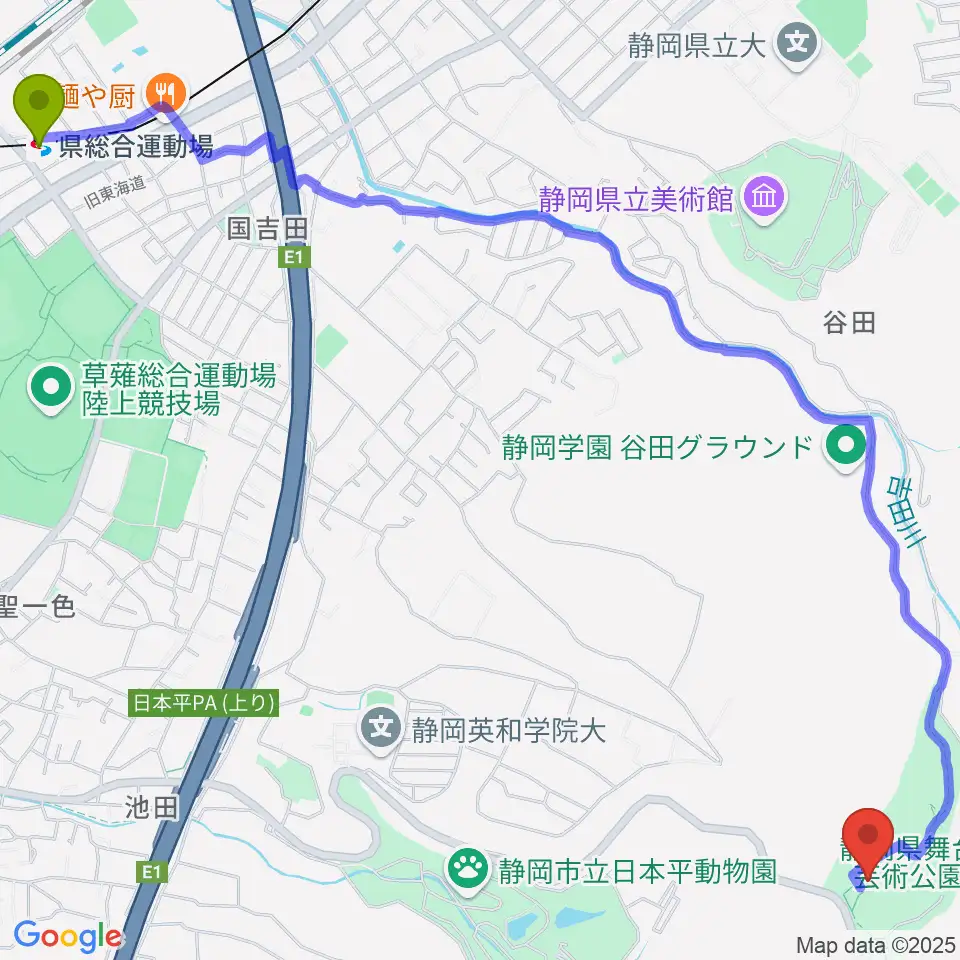 県総合運動場駅から静岡県舞台芸術公園へのルートマップ地図