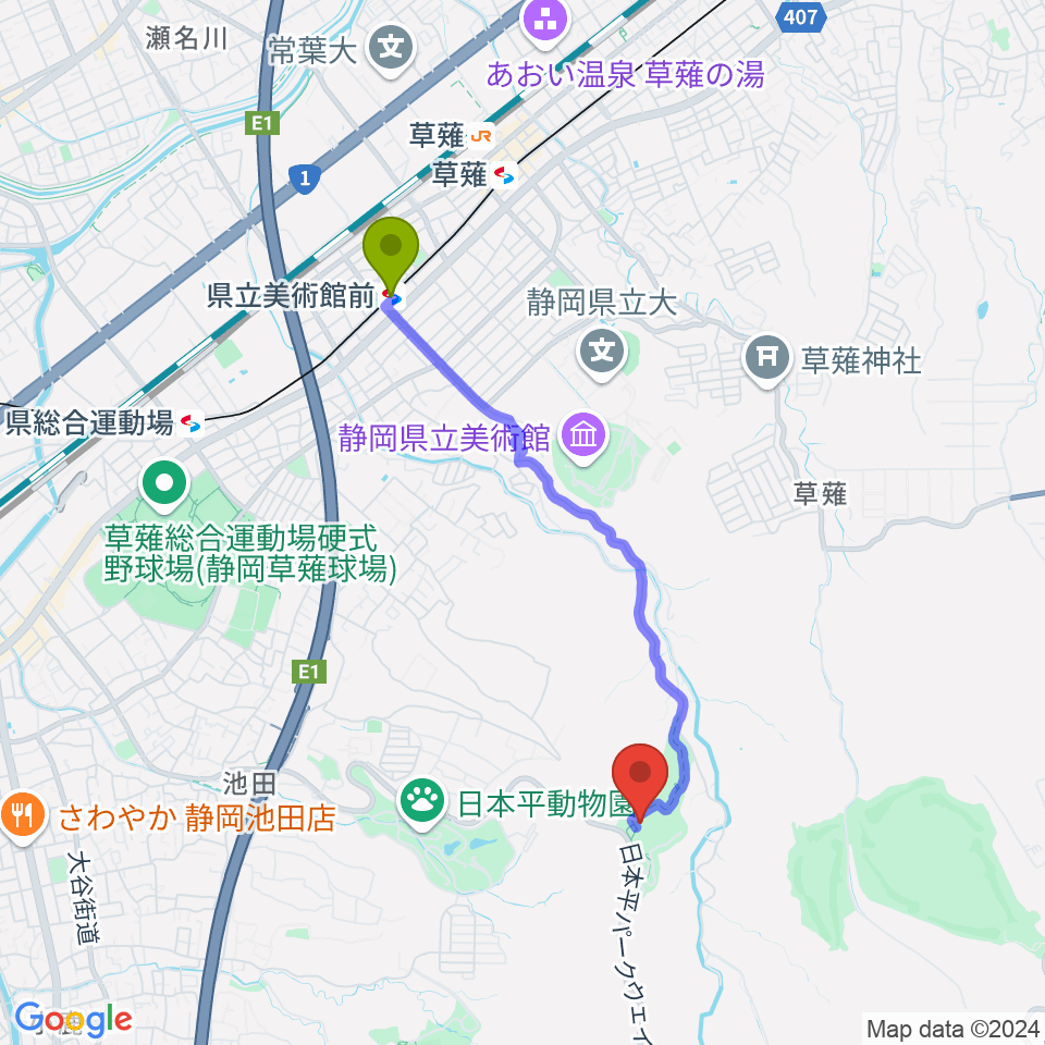 静岡県舞台芸術公園の最寄駅県立美術館前駅からの徒歩ルート（約35分）地図