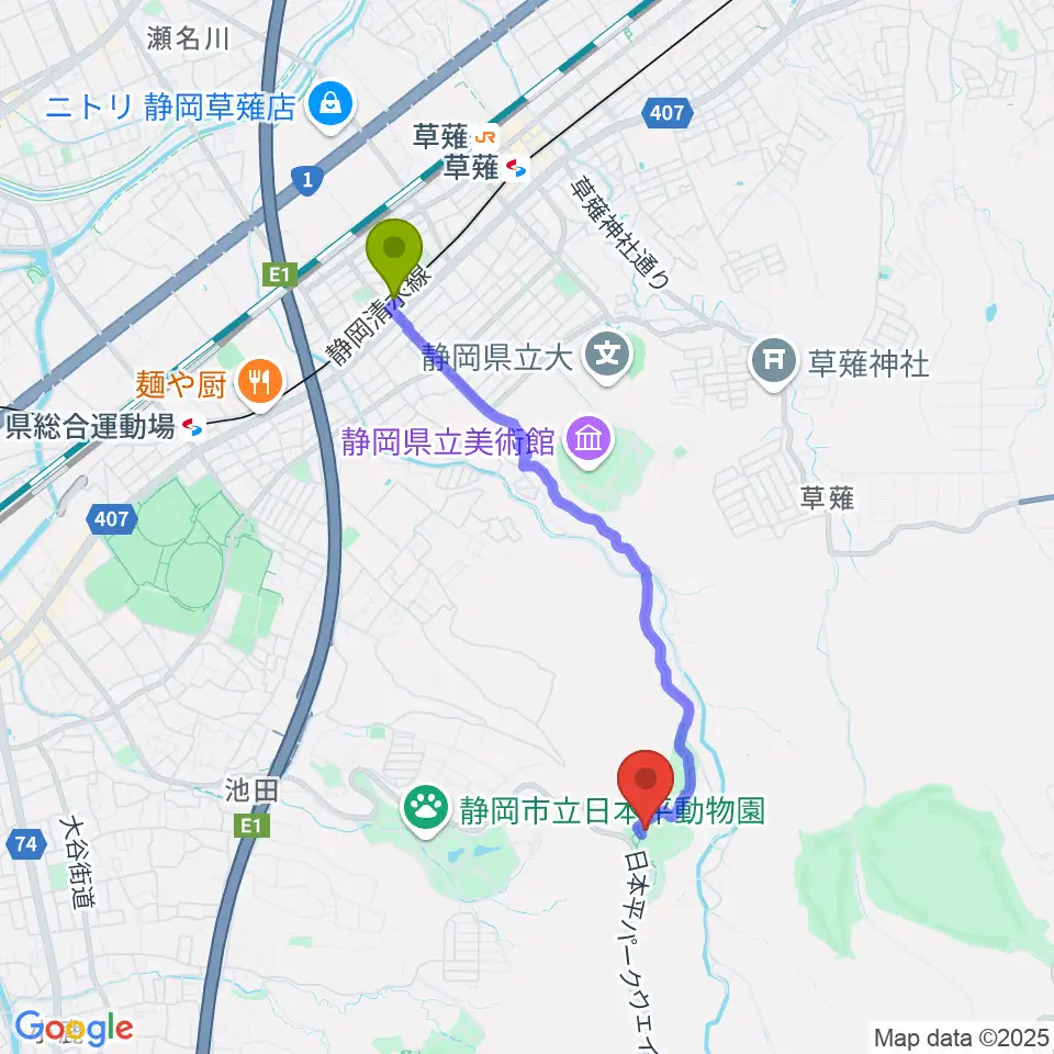 静岡県舞台芸術公園の最寄駅県立美術館前駅からの徒歩ルート（約35分）地図