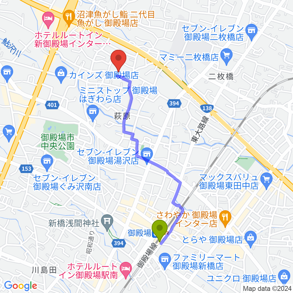 御殿場市民会館の最寄駅御殿場駅からの徒歩ルート（約19分）地図