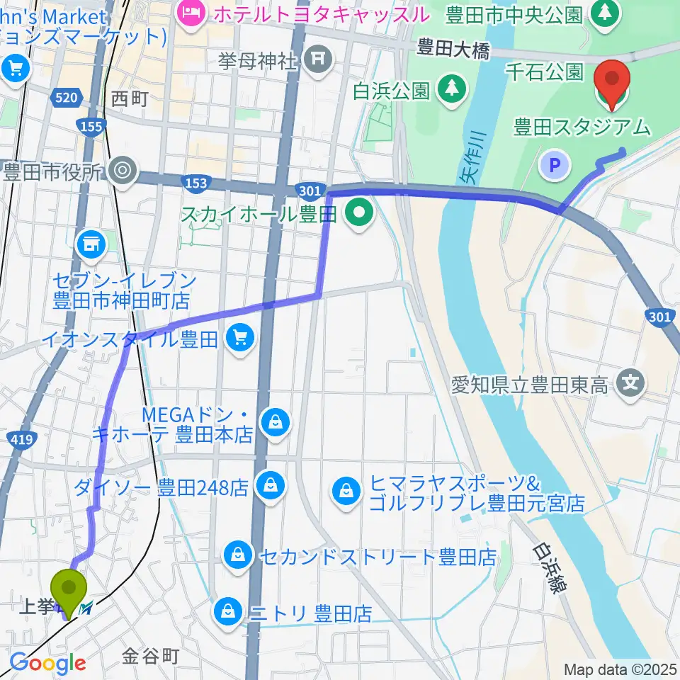 上挙母駅から豊田スタジアムへのルートマップ地図