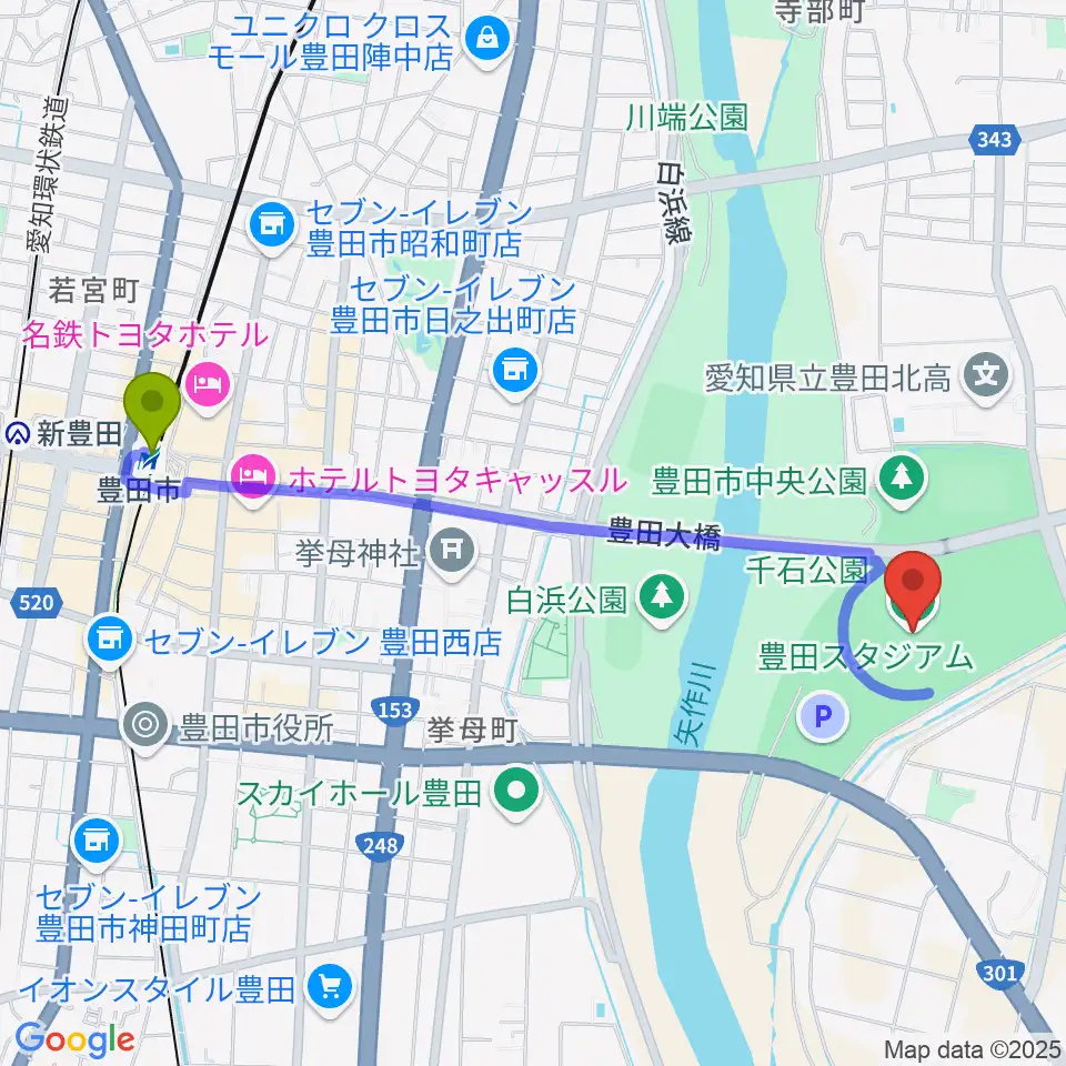 豊田スタジアムの最寄駅豊田市駅からの徒歩ルート（約23分）地図