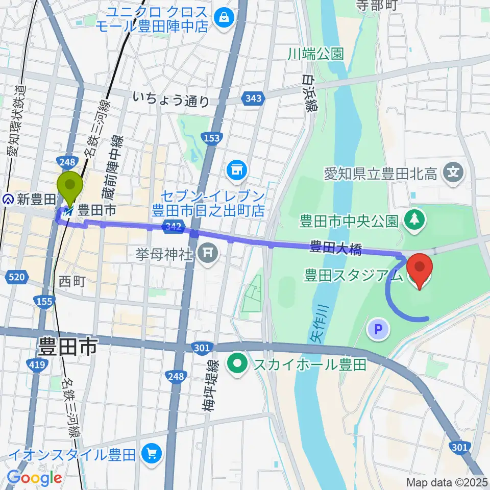 豊田スタジアムの最寄駅豊田市駅からの徒歩ルート（約23分）地図