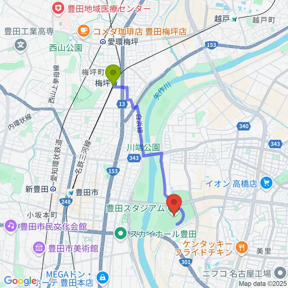 梅坪駅から豊田スタジアムへのルートマップ地図