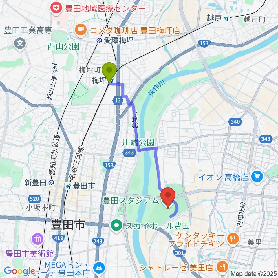 梅坪駅から豊田スタジアムへのルートマップ地図