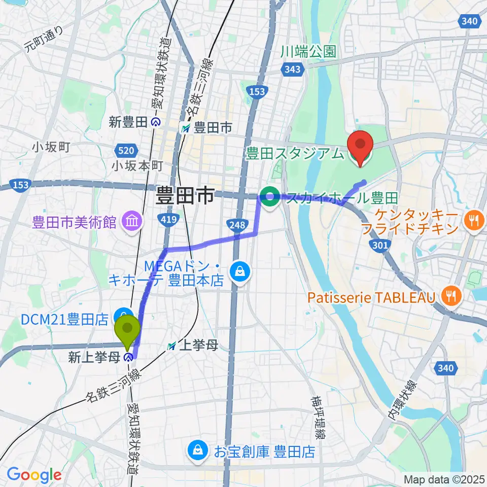 新上挙母駅から豊田スタジアムへのルートマップ地図