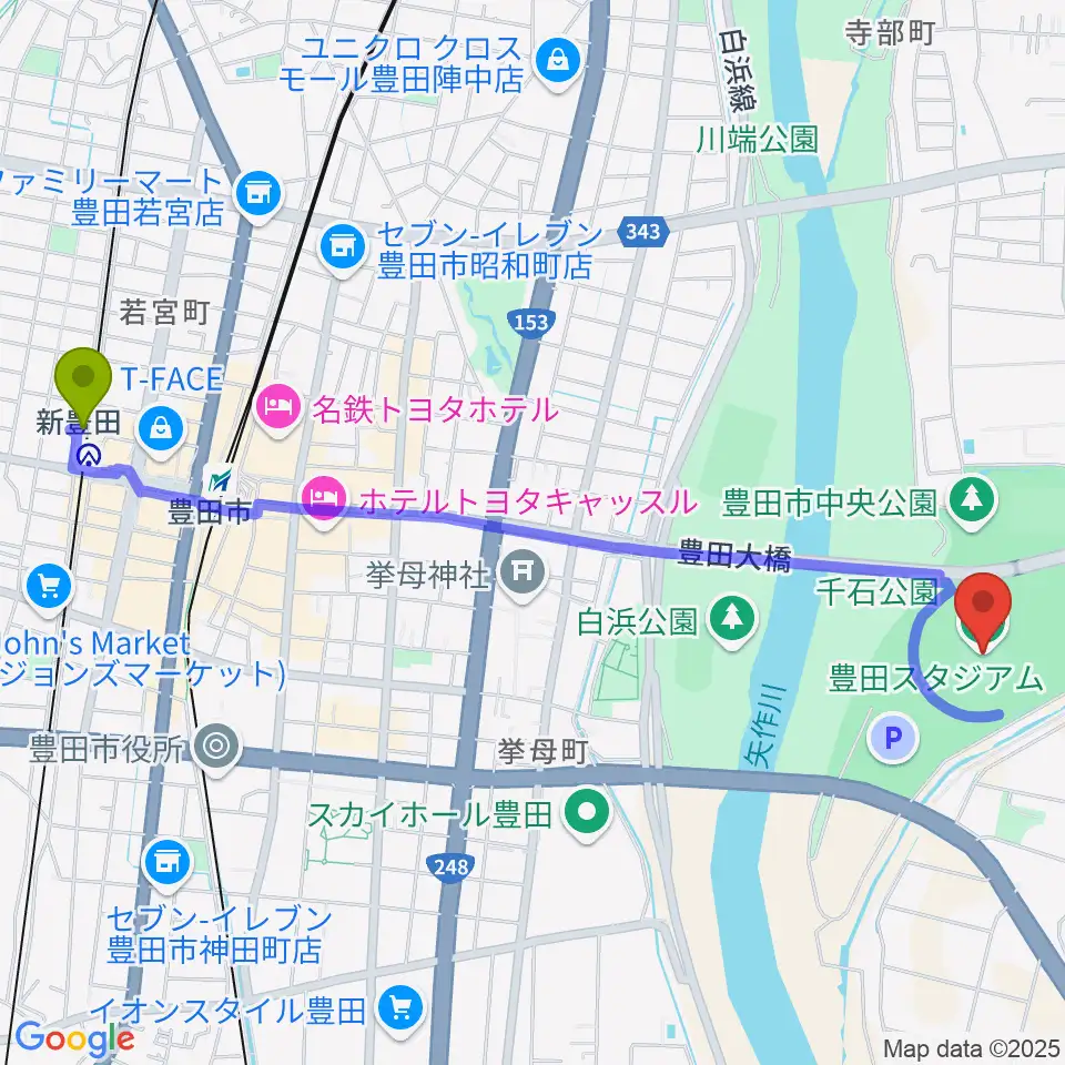 新豊田駅から豊田スタジアムへのルートマップ地図