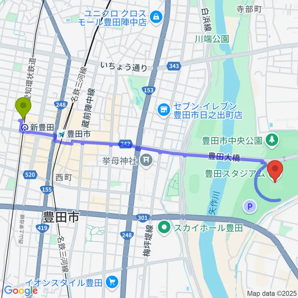 新豊田駅から豊田スタジアムへのルートマップ地図