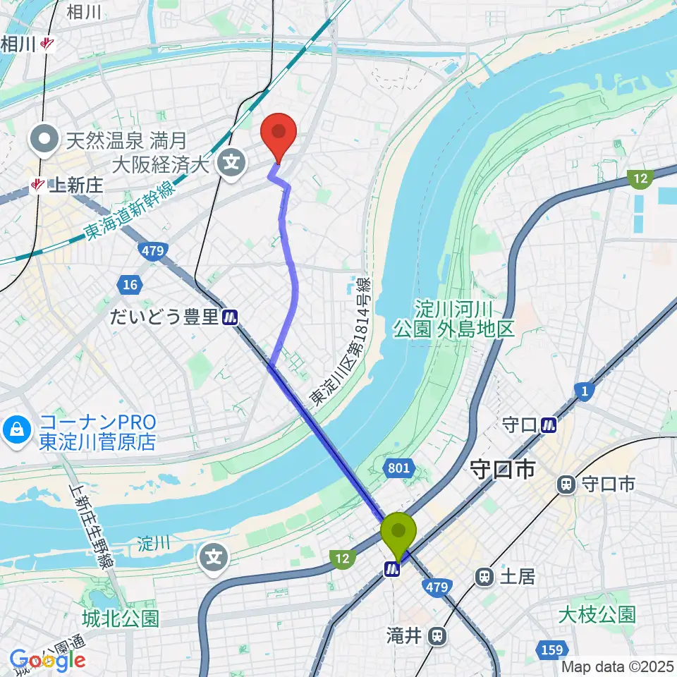 太子橋今市駅からギター工房 SHOJIへのルートマップ地図