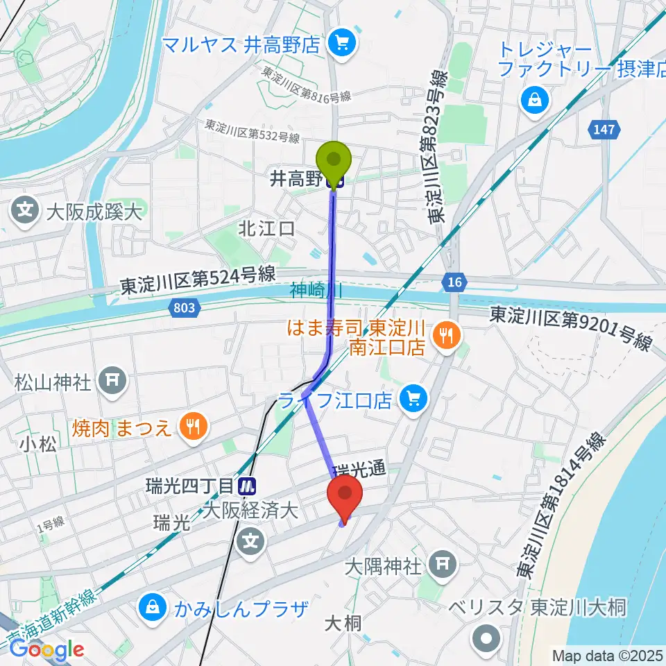 井高野駅からギター工房 SHOJIへのルートマップ地図