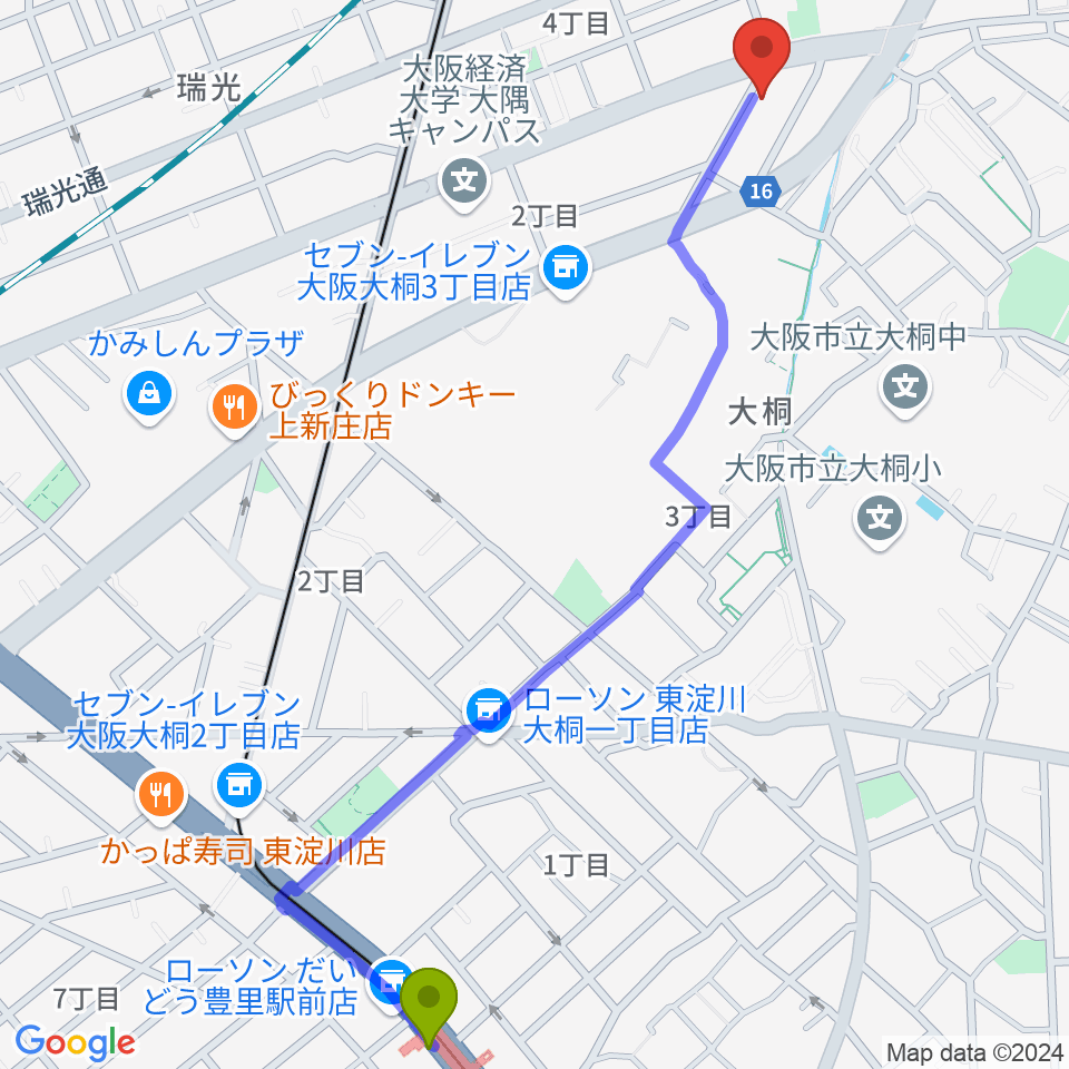 だいどう豊里駅からギター工房 SHOJIへのルートマップ地図