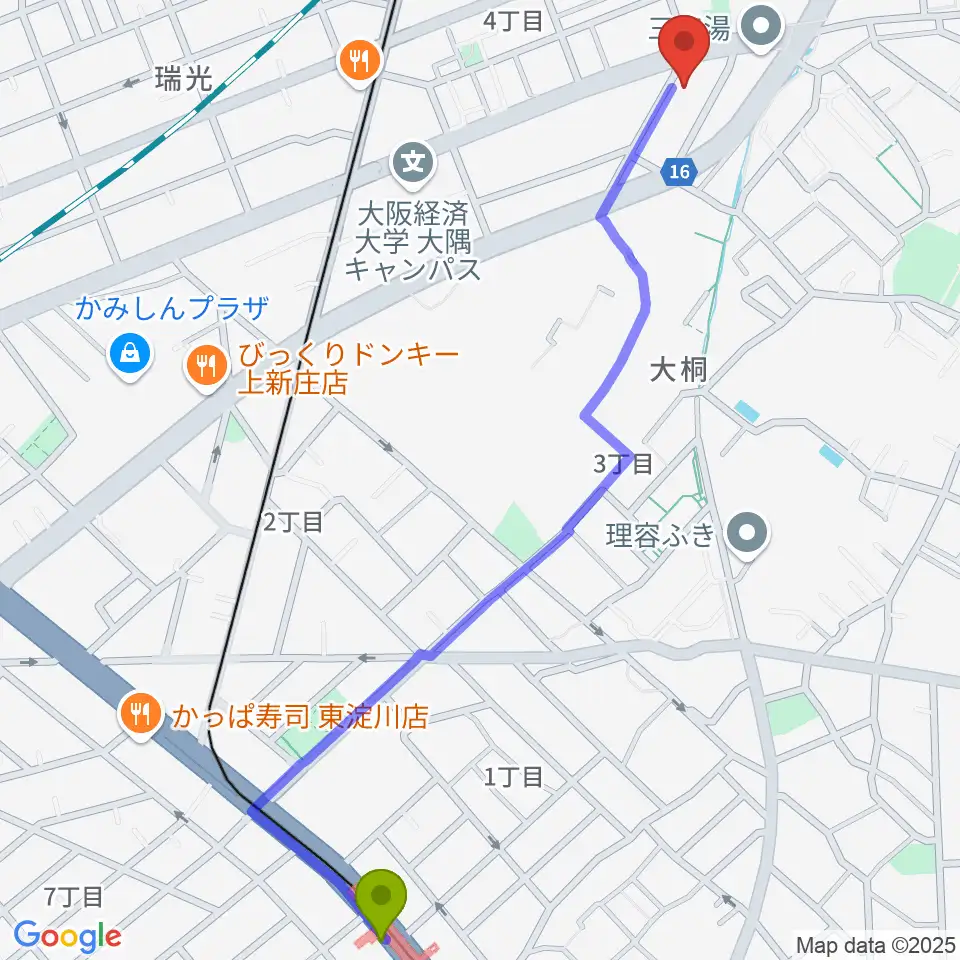 だいどう豊里駅からギター工房 SHOJIへのルートマップ地図