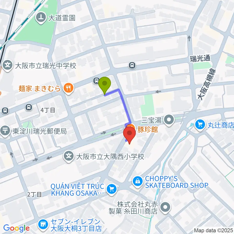 ギター工房SHOJI ギター製作教室の最寄駅瑞光四丁目駅からの徒歩ルート（約2分）地図