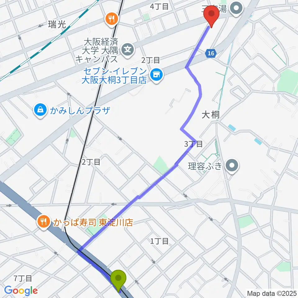 だいどう豊里駅からギター工房SHOJI ギター製作教室へのルートマップ地図