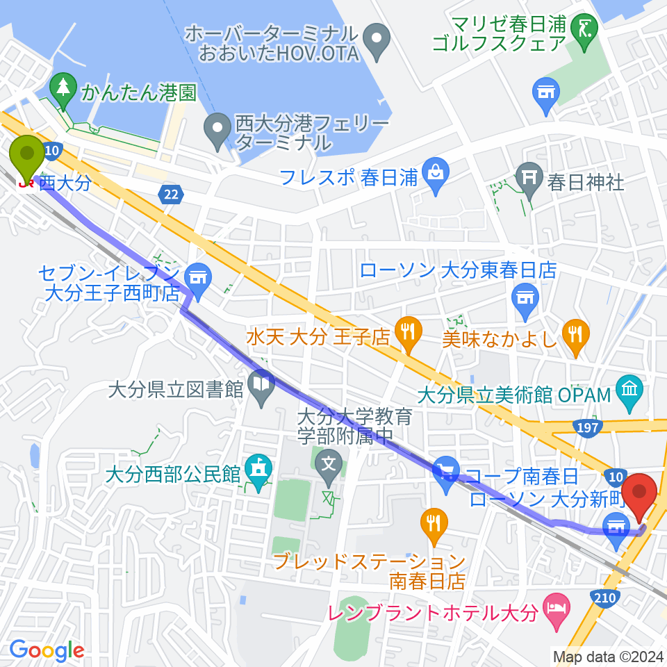 西大分駅から吉野ギター教室へのルートマップ地図
