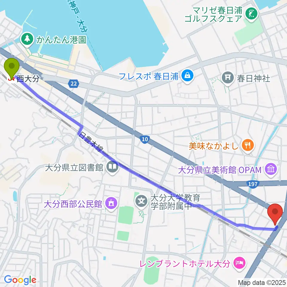 西大分駅から吉野ギター教室へのルートマップ地図