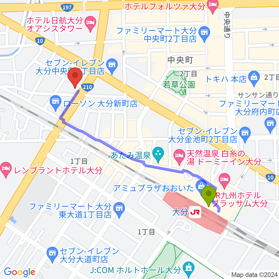 吉野ギター教室の最寄駅大分駅からの徒歩ルート（約10分）地図