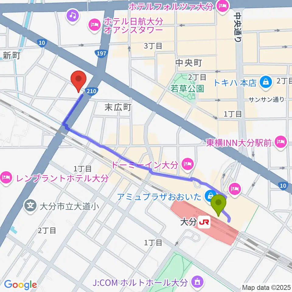 吉野ギター教室の最寄駅大分駅からの徒歩ルート（約10分）地図