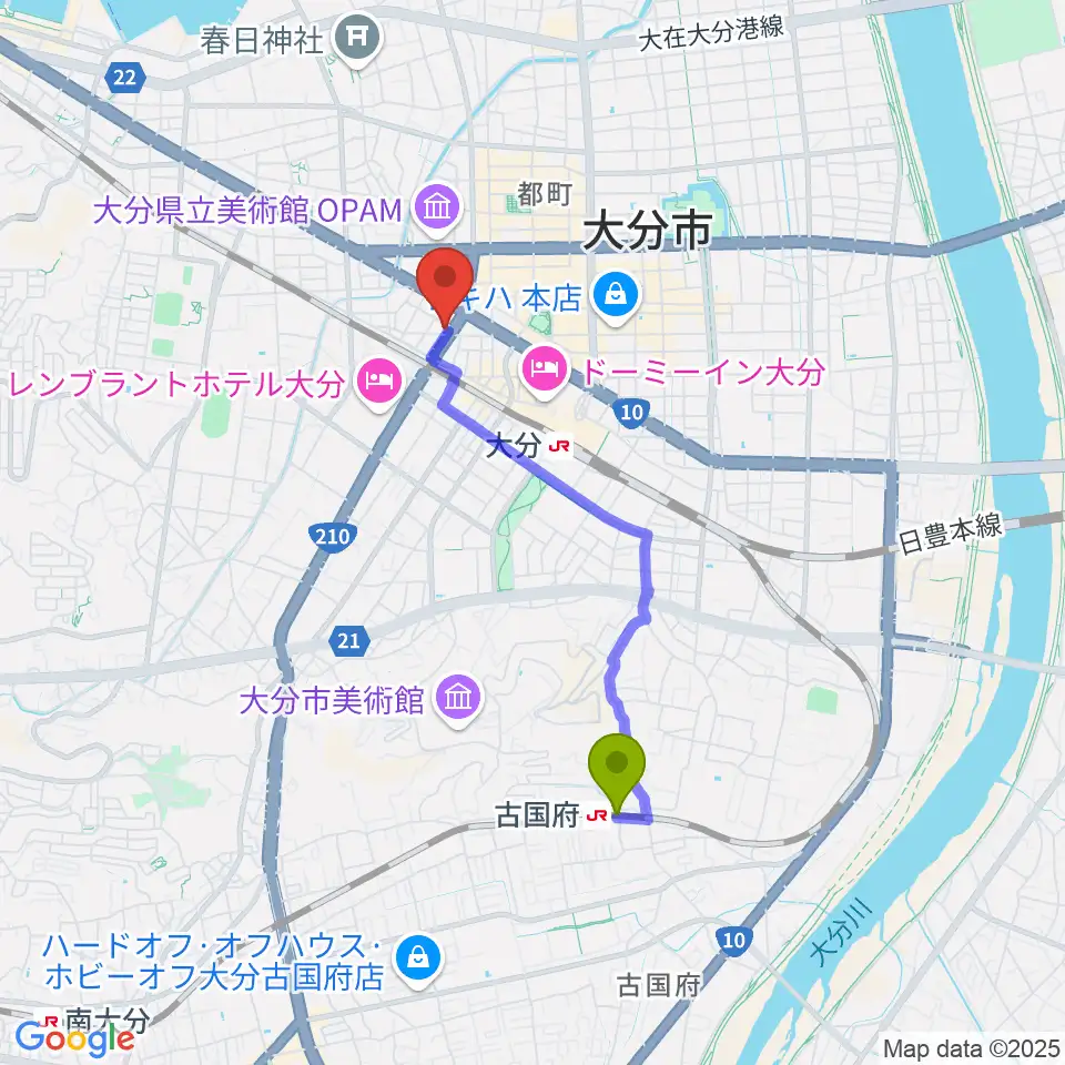 古国府駅から吉野ギター教室へのルートマップ地図