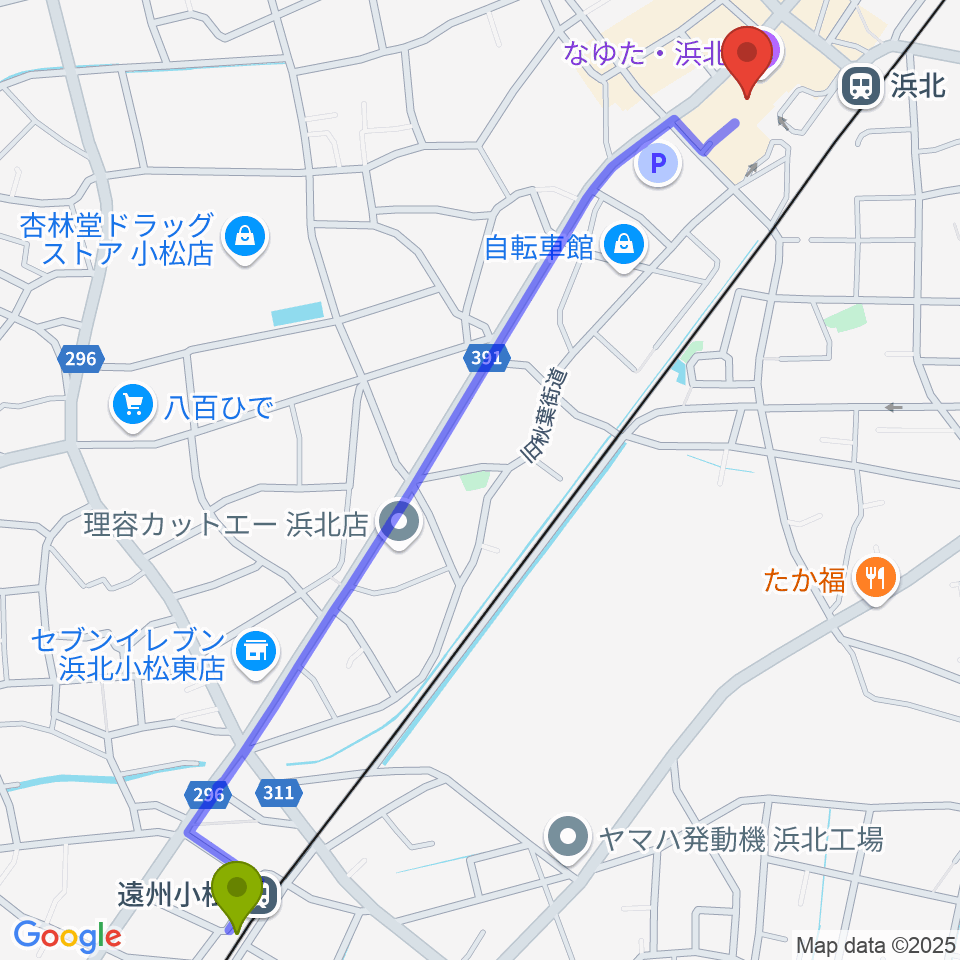 遠州小松駅からなゆた・浜北 なゆたホールへのルートマップ地図