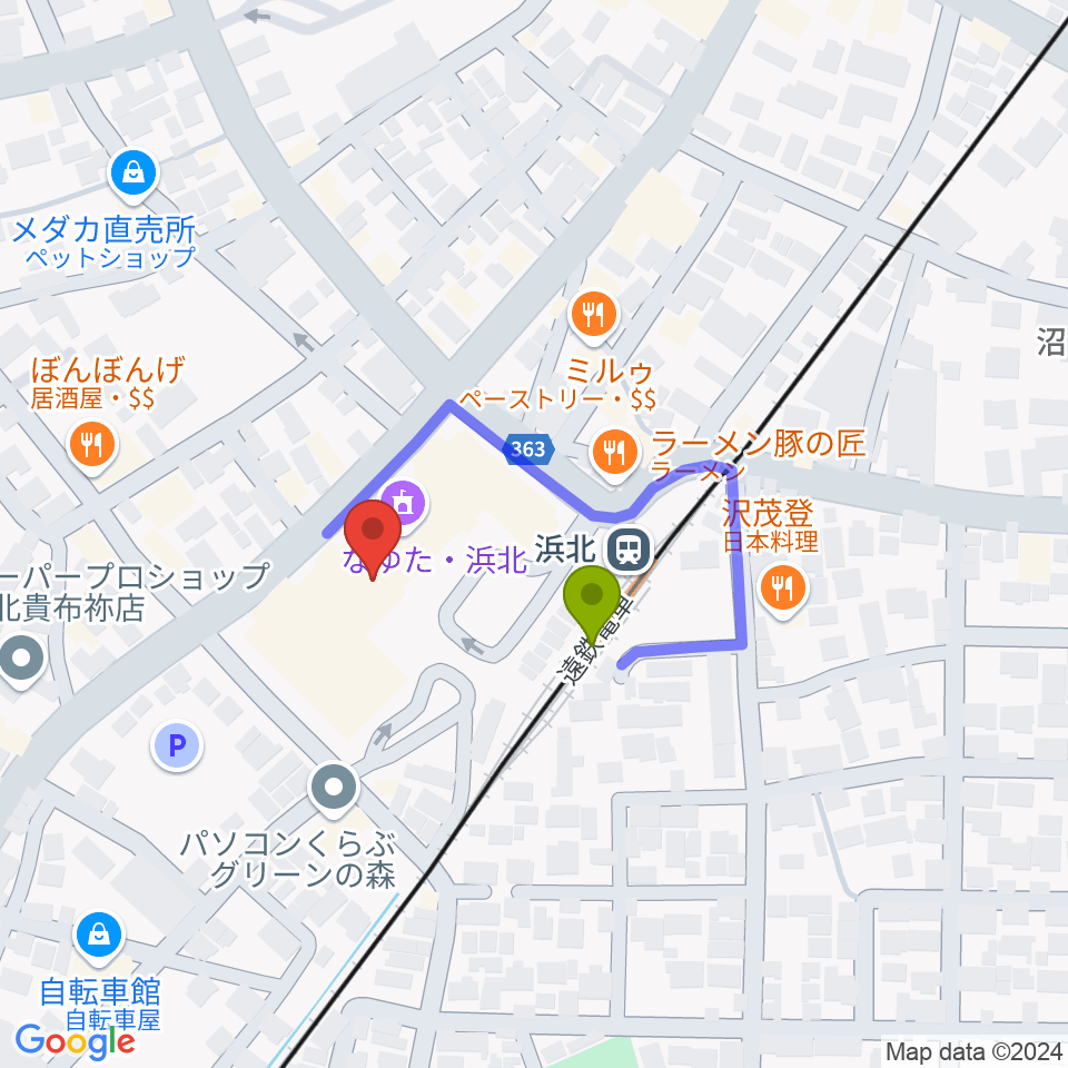 なゆた・浜北 なゆたホールの最寄駅浜北駅からの徒歩ルート（約2分）地図