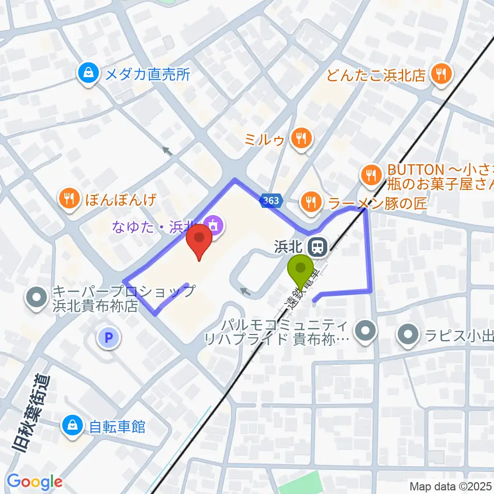 なゆた・浜北 なゆたホールの最寄駅浜北駅からの徒歩ルート（約2分）地図