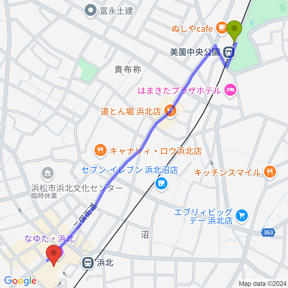 美薗中央公園駅からなゆた・浜北 なゆたホールへのルートマップ地図