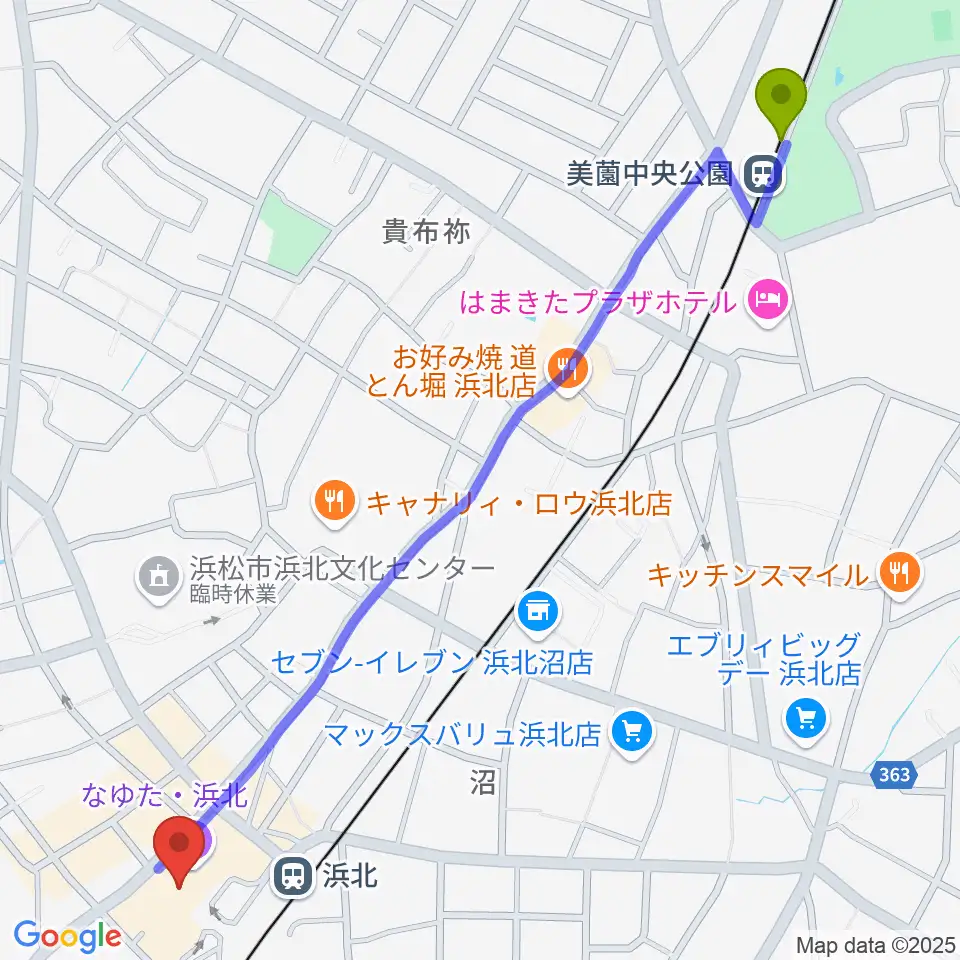 美薗中央公園駅からなゆた・浜北 なゆたホールへのルートマップ地図