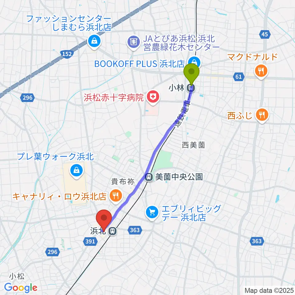 遠州小林駅からなゆた・浜北 なゆたホールへのルートマップ地図