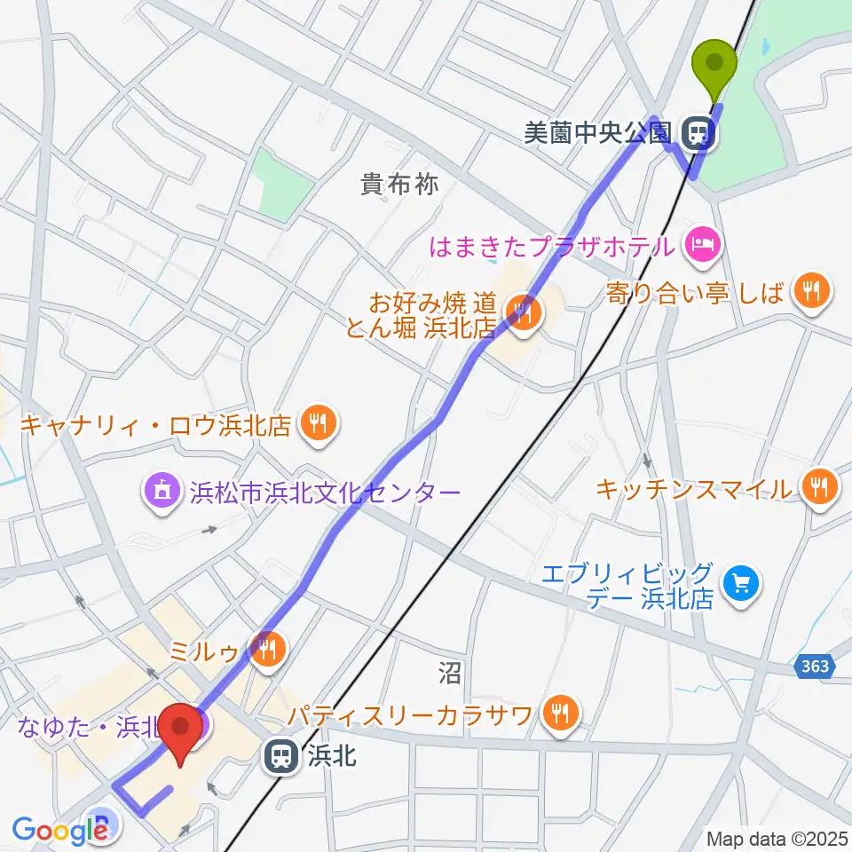 美薗中央公園駅からなゆた・浜北 練習室へのルートマップ地図