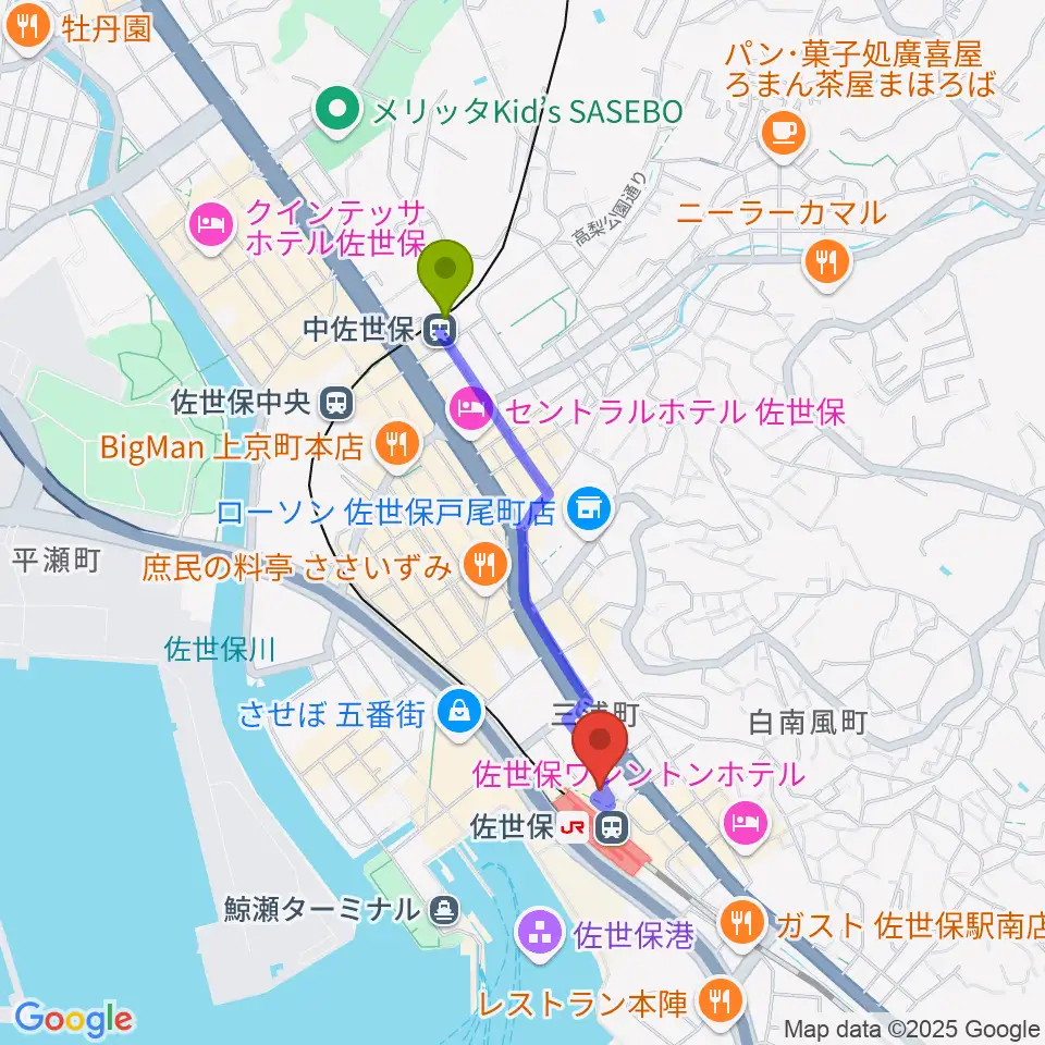 中佐世保駅から島村楽器 えきマチ1丁目佐世保店へのルートマップ地図