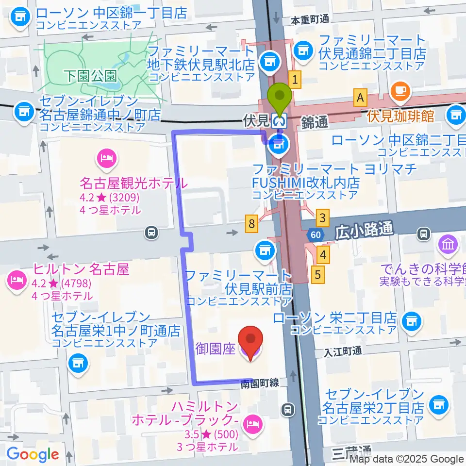 御園座の最寄駅伏見駅からの徒歩ルート（約4分）地図