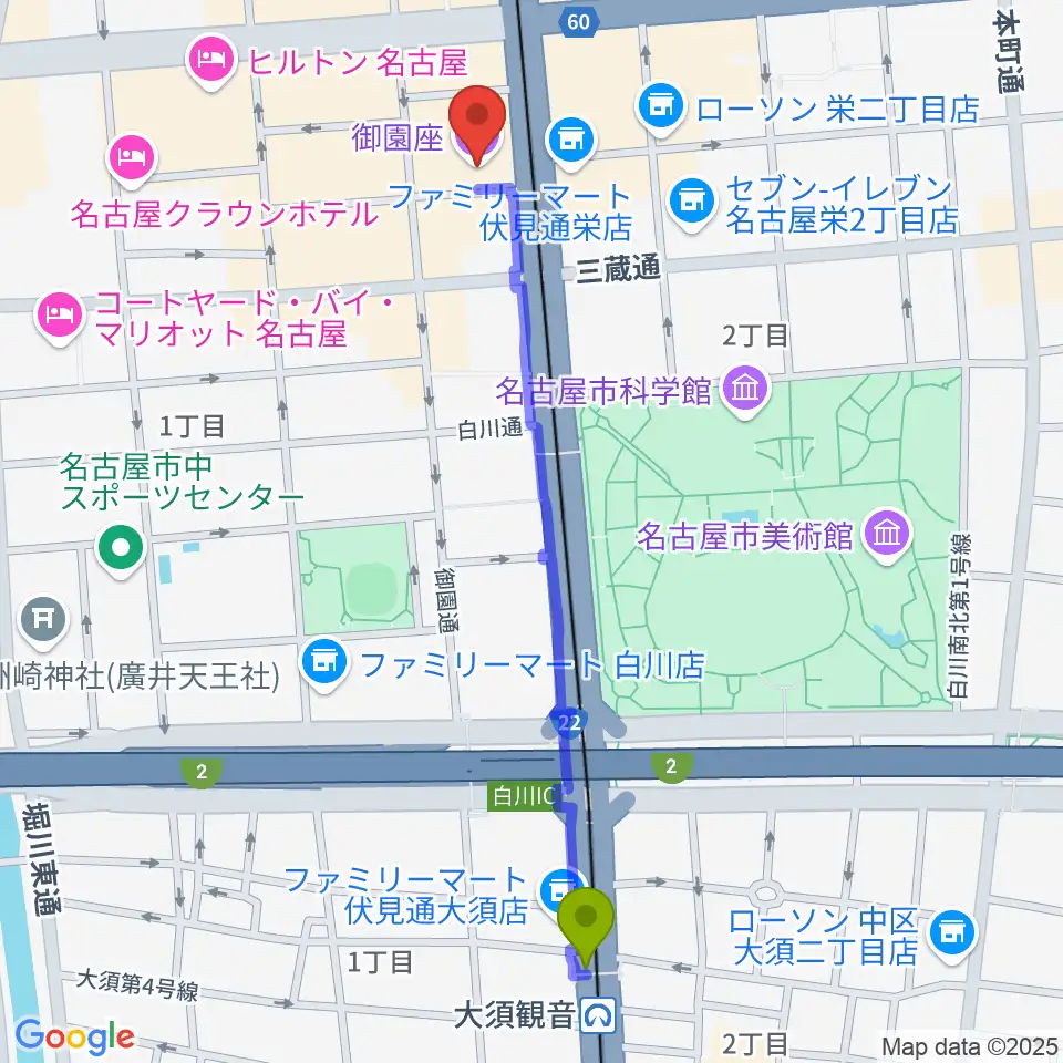 大須観音駅から御園座へのルートマップ地図