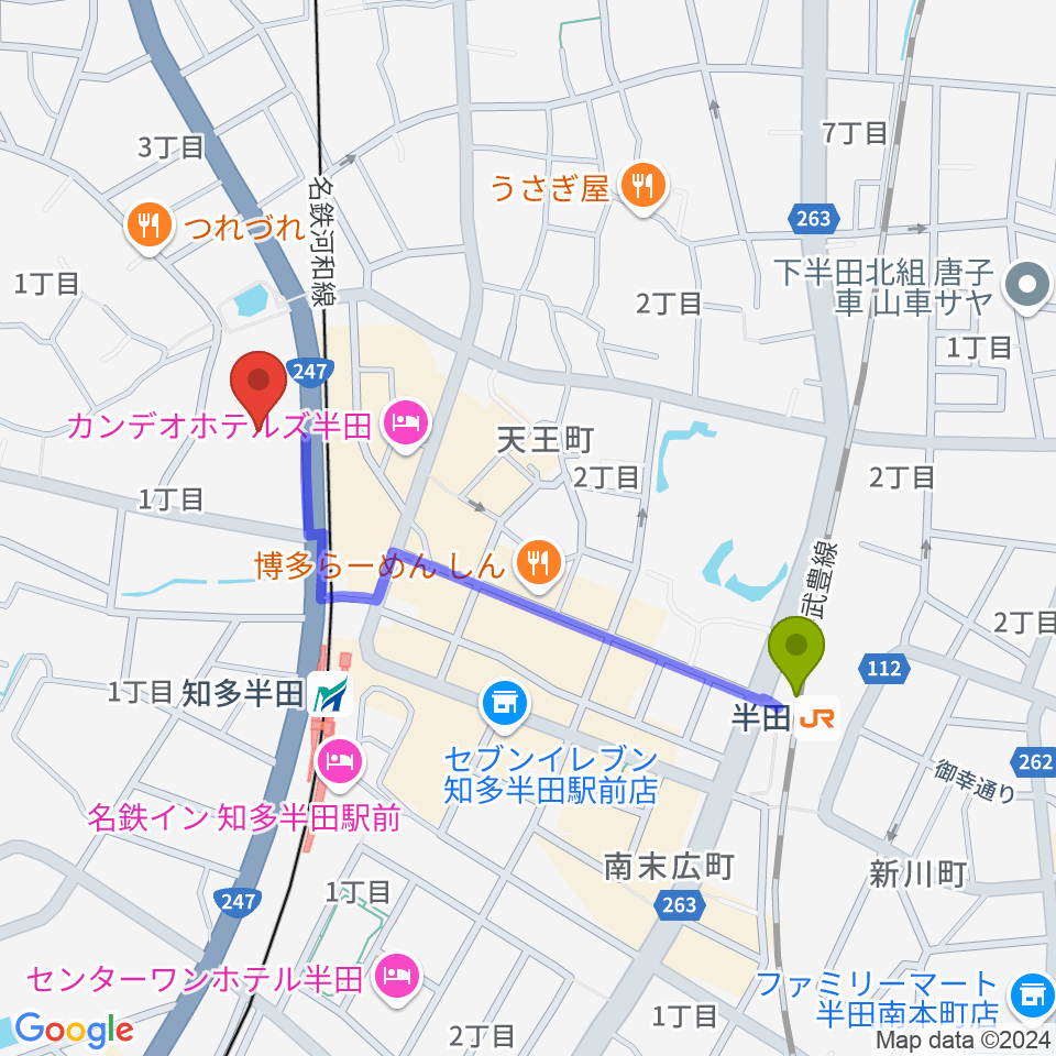 半田駅から瀧上工業雁宿ホールへのルートマップ地図