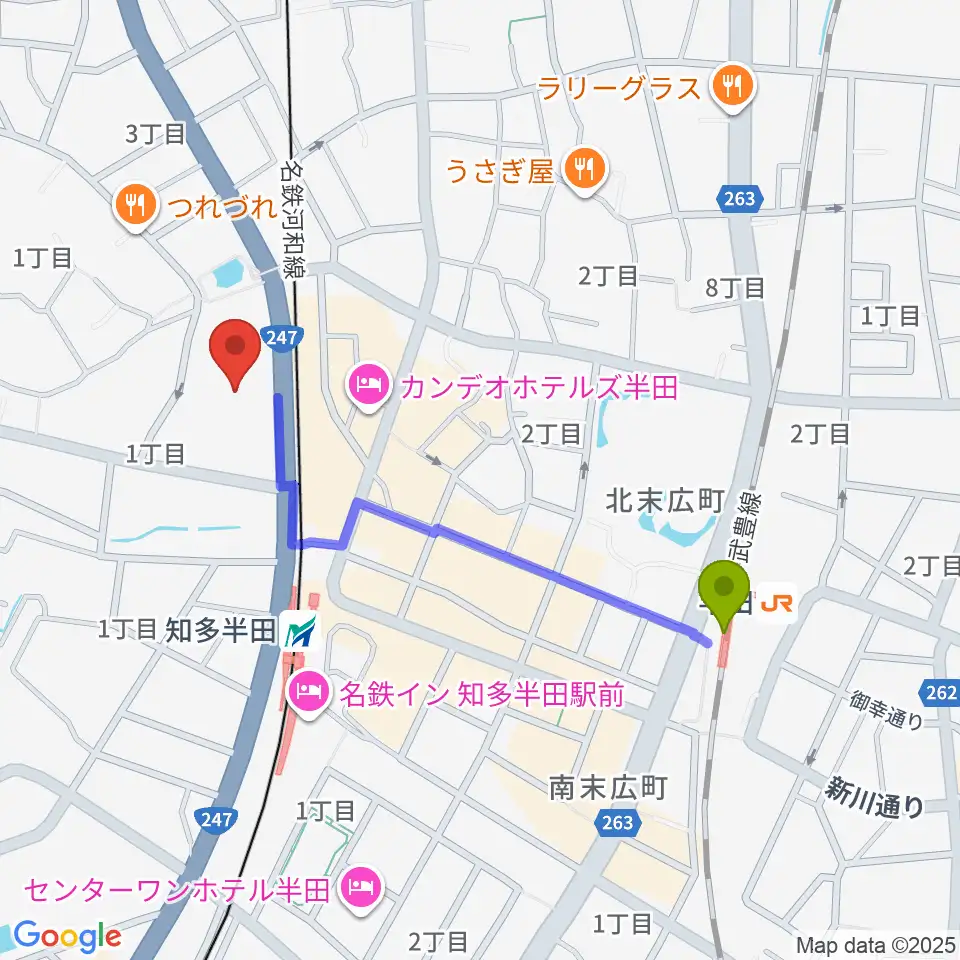 半田駅から瀧上工業雁宿ホールへのルートマップ地図