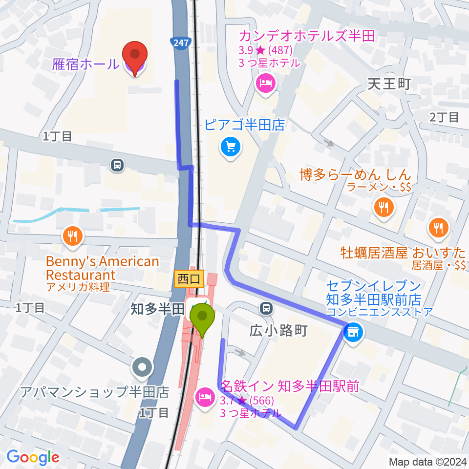 瀧上工業雁宿ホールの最寄駅知多半田駅からの徒歩ルート（約4分）地図