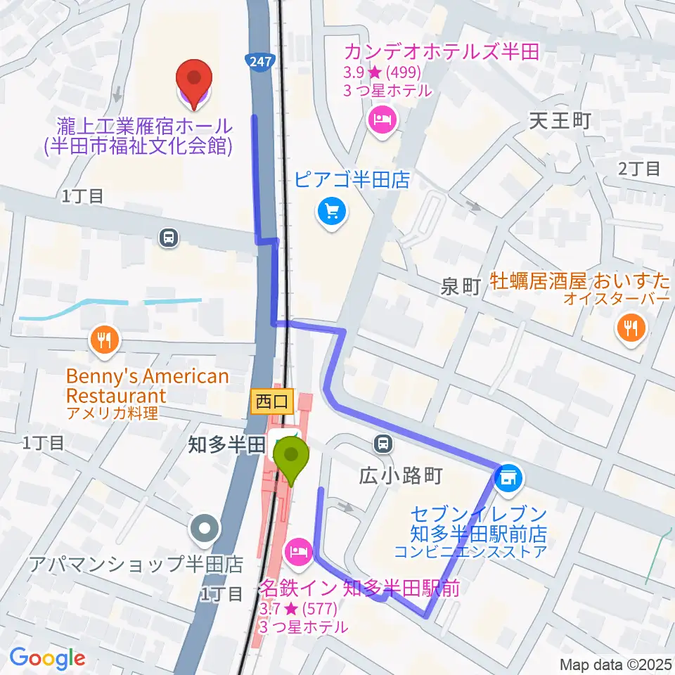 瀧上工業雁宿ホールの最寄駅知多半田駅からの徒歩ルート（約4分）地図