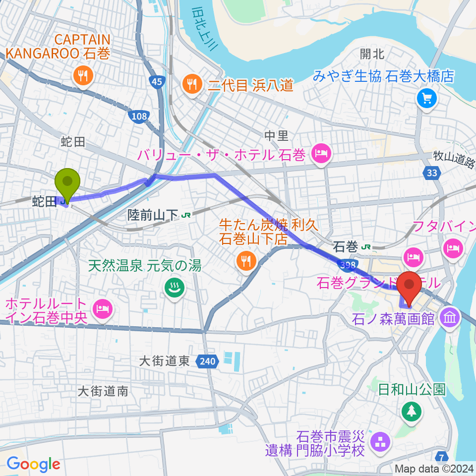 蛇田駅からARCOスタジオへのルートマップ地図