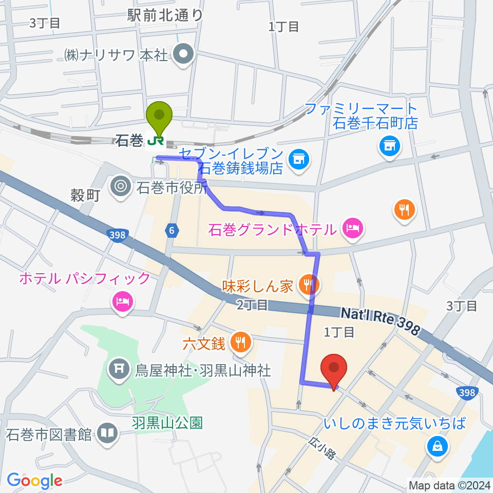 ARCOスタジオの最寄駅石巻駅からの徒歩ルート（約9分）地図