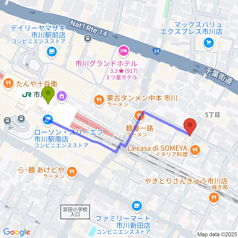 管楽器専門店 Groovin' Trumpetの最寄駅市川駅からの徒歩ルート（約5分）地図